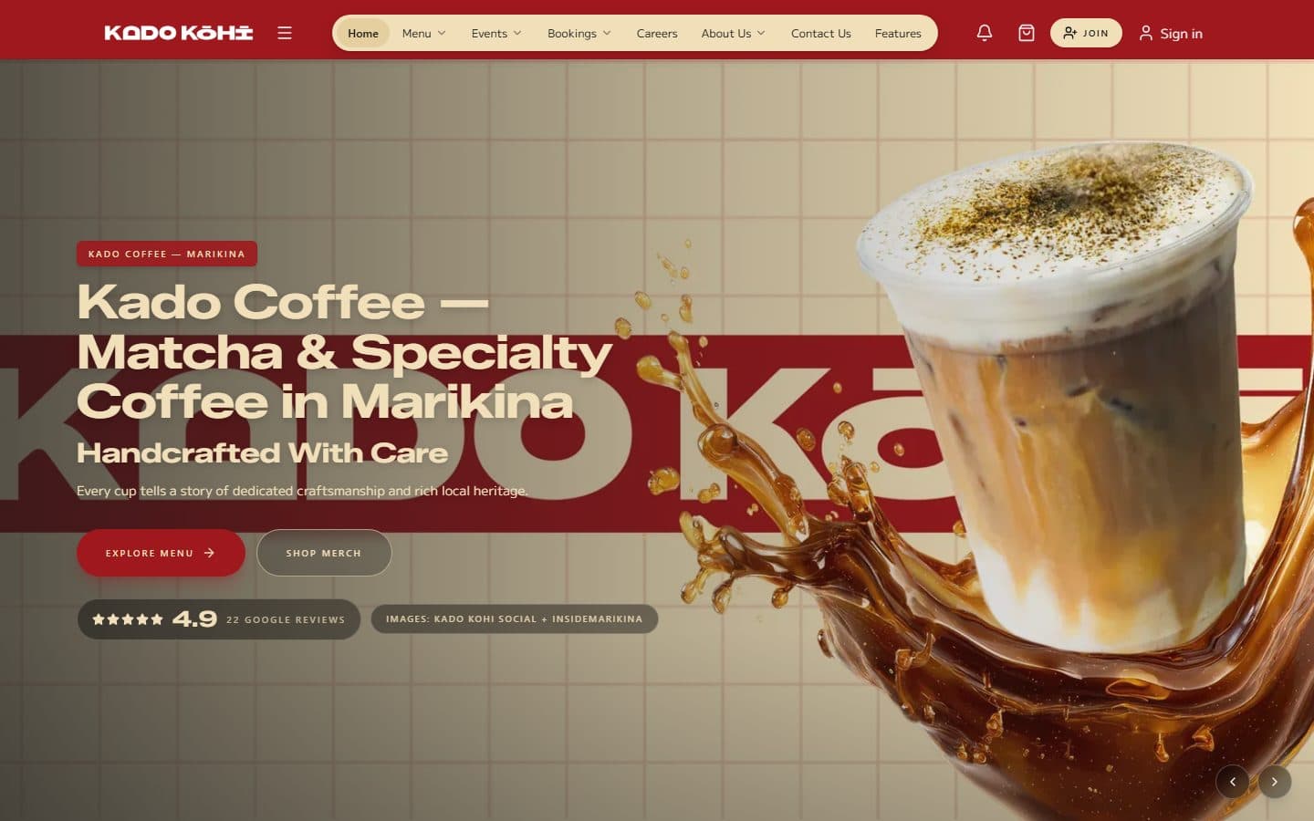 Kado Coffee homepage with matcha drink hero and crimson brand system