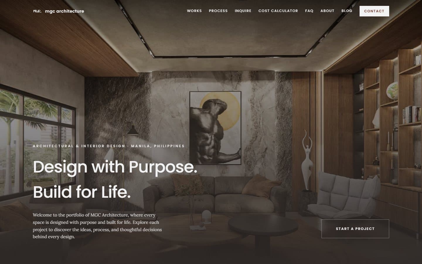 MGC Architecture homepage featuring a modern Manila interior project