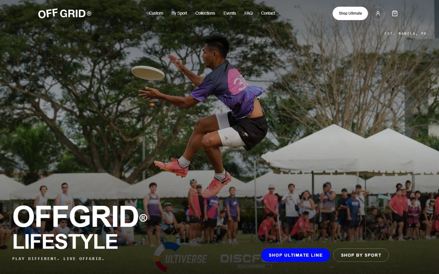 OFF GRID Lifestyle homepage with athlete action hero photography