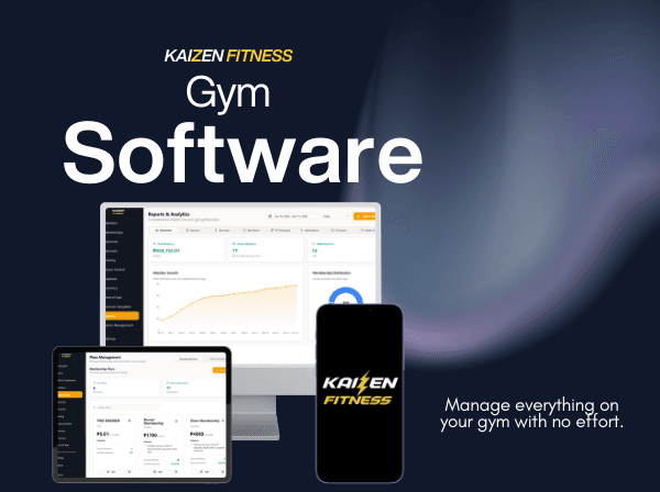 Kaizen Fitness gym software dashboard on desktop, tablet, and phone