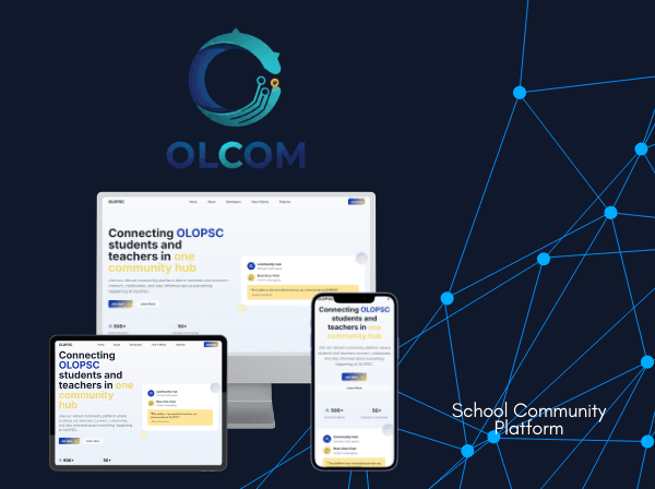 OLCOM school community platform responsive layouts on desktop, tablet, and phone
